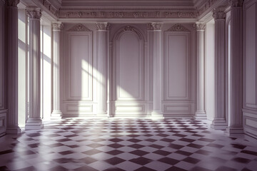 Obraz premium Sunlit classical room with columns paneled walls and checkered floor
