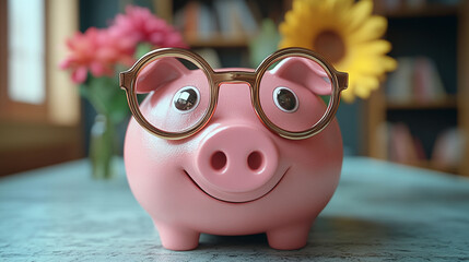 Cute piggy bank with glasses sits on a table in front of flowers and bookshelves.