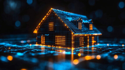 Futuristic, digital house model, glowing with orange and blue lights, on a dark background with bokeh effect.
