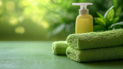 Green spa towels, lotion bottle, and foliage.