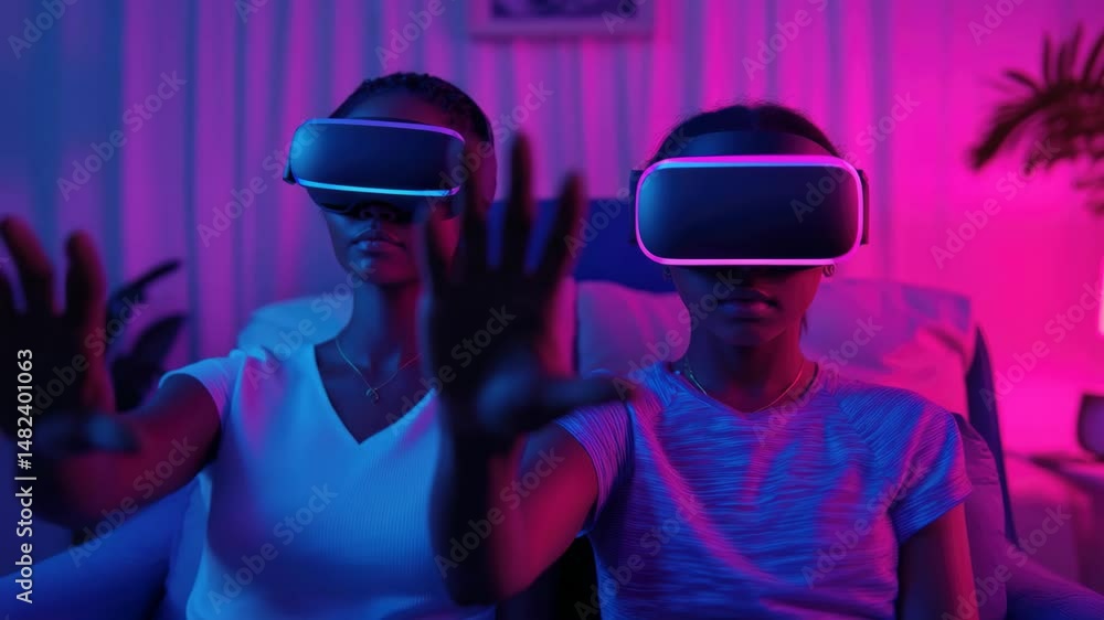 Poster immersive virtual reality experience engaging with interactive technology in futuristic environment 