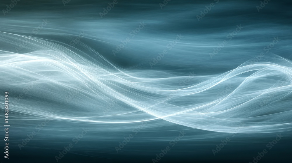 Poster abstract gentle flowing waves, white on teal gradient background. fluid dynamic lines. serene flow.