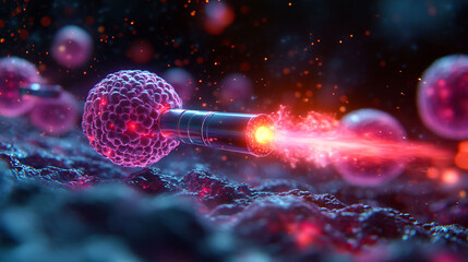 Futuristic depiction of nano-technology,  a glowing  metallic  tube  propelled  by  energy  burst  through  glowing  cells.