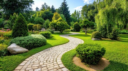 Naklejka premium Curving spiral stone path through a vibrant green garden, tranquil outdoor scene