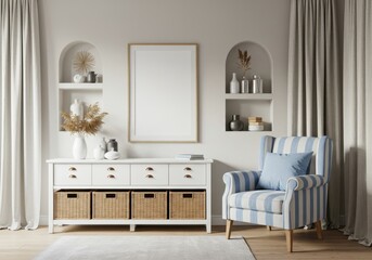 Interior features a striped armchair a white cabinet and decorative elements on the wall shelves