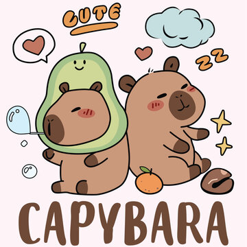 Abstract cartoon image of 2 cute capybaras leaning on each other, with avocado, orange, heart and star. suitable for printing on T-shirt and decoration