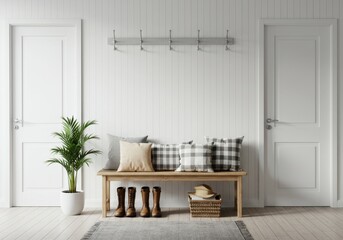 A bright entryway features a wooden bench with pillows and boots near a potted plant and white doors