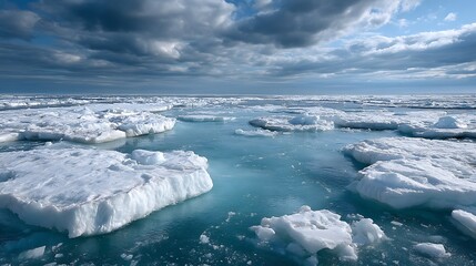 A frozen landscape under a cloudy sky.
