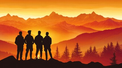 Fototapeta premium Silhouette of friends enjoying a campfire at sunset mountain top