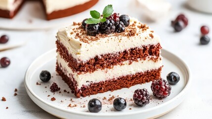 Slice of Delicious Red Velvet Cake with Berries. Festive dessert, Sweet treat, Homemade baking.