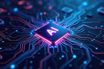AI Chip with Glowing Blue and Purple Neon Circuits