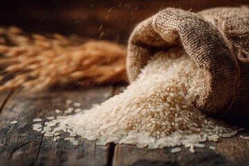 A burlap sack spills white rice onto a rustic wooden table, surrounded by golden wheat stalks