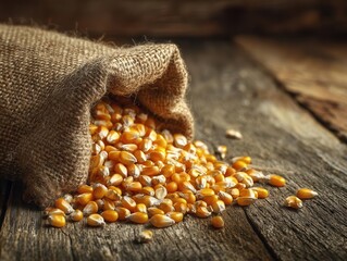 A burlap sack spilling golden corn kernels onto a rustic wooden surface, evoking a harvest theme