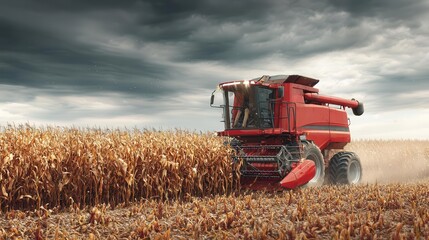 Fototapeta premium Red combine harvester working in a cornfield under dramatic stormy skies in rural landscape