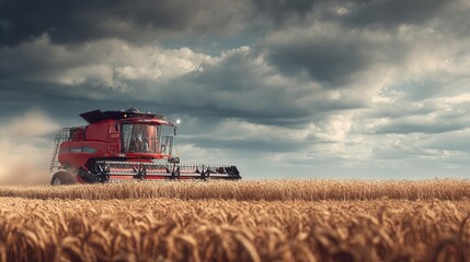 Red combine harvester cutting through golden wheat field under dramatic stormy sky