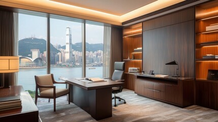 Executive office with modern furniture and full skyline view through glass wall