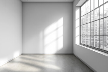 Sunlit empty room with hardwood floor and large window city view