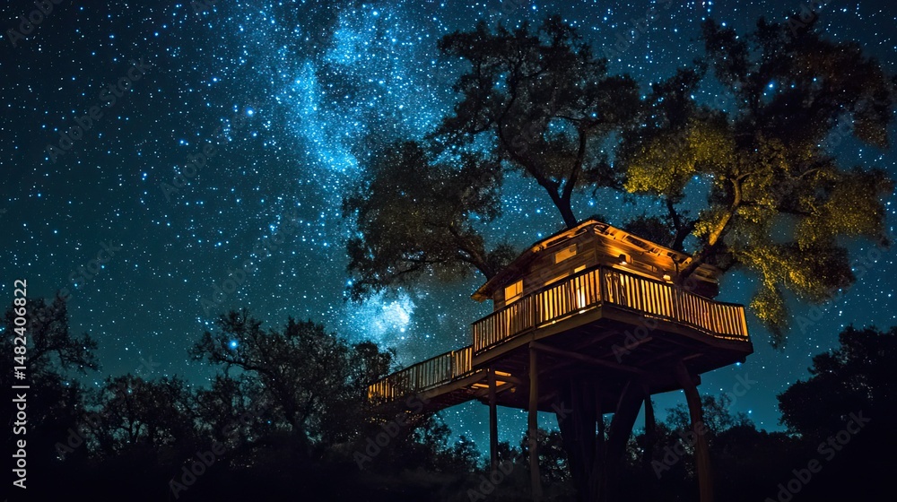 Poster a view of a treehouse against a starry sky.
