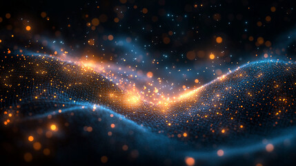 Abstract digital particles flowing in waves, with shimmering light effects.