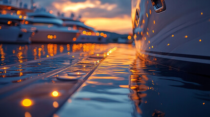 Luxurious yachts moored at sunset marina dock.