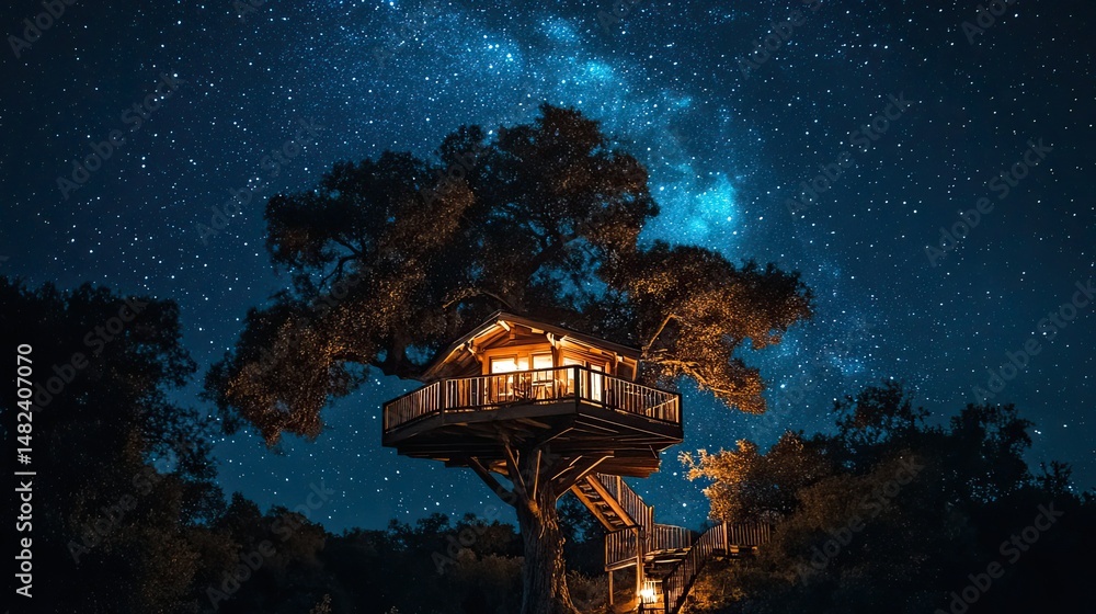Poster a view of a treehouse against a starry sky.