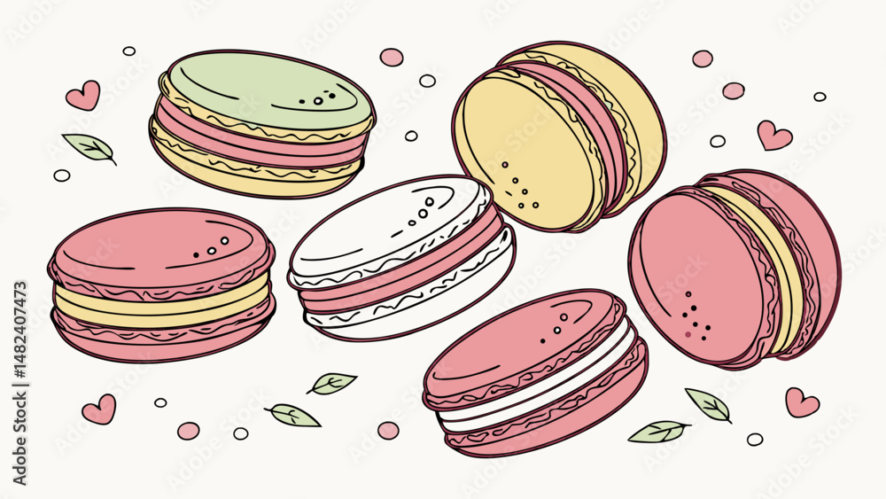 Poster vector colorful macarons arranged playfully with hearts and leaves, creating delightful and cheerful