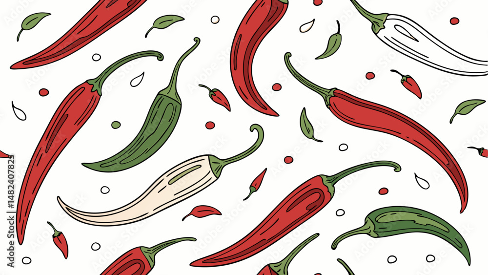 Poster seamless vector chili peppers in various colors and shapes create vibrant and lively pattern, perfec