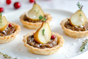 Festive Mini Tartlets with Duck Pate and Pickled Pear, Elegantly Presented on a Clean White Plate