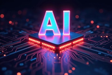 Glowing AI Text with Neon Rainbow Gradient on Illuminated Microchip
