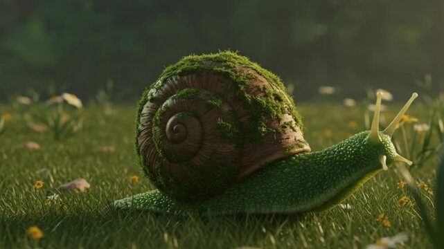 3D mossy-textured 'SNAIL' with slow motion &mdash; chill and steady.