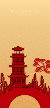 Chinese new year vertical banner with pagoda and bridge in tranquil garden background featuring oriental festive decoration