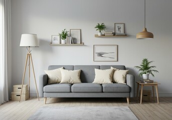Fototapeta premium Living room features a gray sofa with pillows and decorative elements on the wall