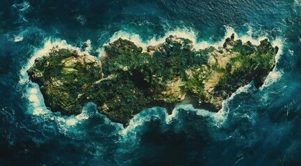 Fototapeta premium Lush island, aerial view, turquoise waters