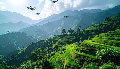 Drones Over Lush Green Rice Terraces in Mountainous Landscape, A