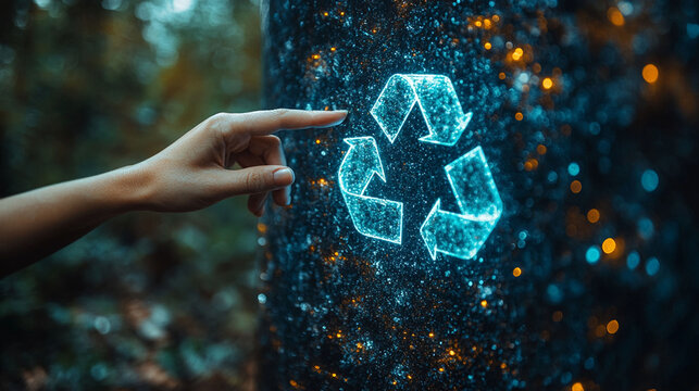 Hand touching recycling symbol projected onto tree trunk in forest.