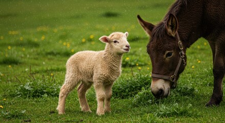Fototapeta premium Playful lamb and curious donkey interact in a lush green meadow under soft rain