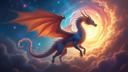 Majestic Blue Dragon Soaring Through a Celestial Sky with Fiery