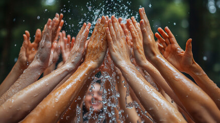 Many hands raised in the air, splashing with water in a forest setting.
