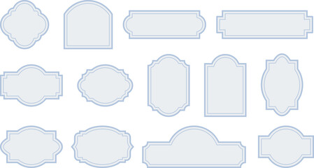 Elegant vintage labels with ornate frames in soft blue color. Classic tags with decorative border for handmade branding and rustic packaging. Set of vector designs with blank space