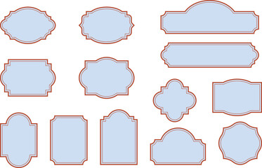 Ornate pastel blue label collection with classic frame. Vintage soft tags for cosmetics packaging, romantic wedding invitations and elegant boutique logos. Vector design template with blank space