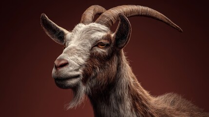Close-up portrait of a goat against a deep maroon background.