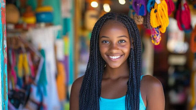 Smiling young woman with braids in a colorful market