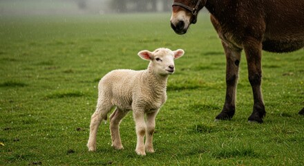 Obraz premium Young lamb stands in a lush green field beside a horse on a rainy day