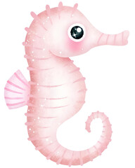 Watercolor pink seahorse with large eye on a transparent background. © beyouenked