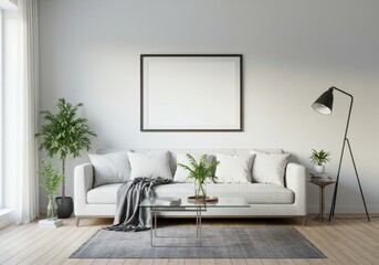 A bright living room features a white sofa with pillows and a framed picture on the wall