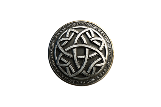 Metallic Celtic knot circle symbol with ancient pattern isolated on transparent background for design elements