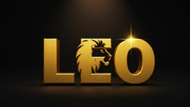 3D golden text 'LEO' with lion silhouette and spotlight &mdash; proud and radiant.