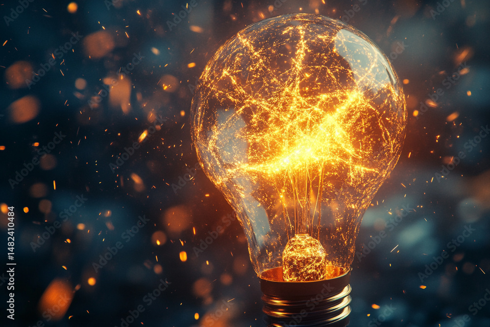 Poster glowing lightbulb with sparks and bokeh background innovative idea concept