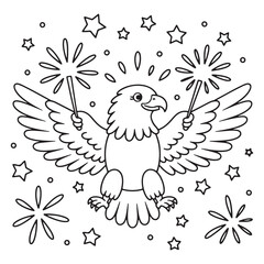 Eagle with Fireworks Coloring Page – American Independence Symbol Line Art