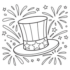 Uncle Sam Hat with Fireworks Coloring Page – Fourth of July Iconic Patriotic Hat Line Drawing